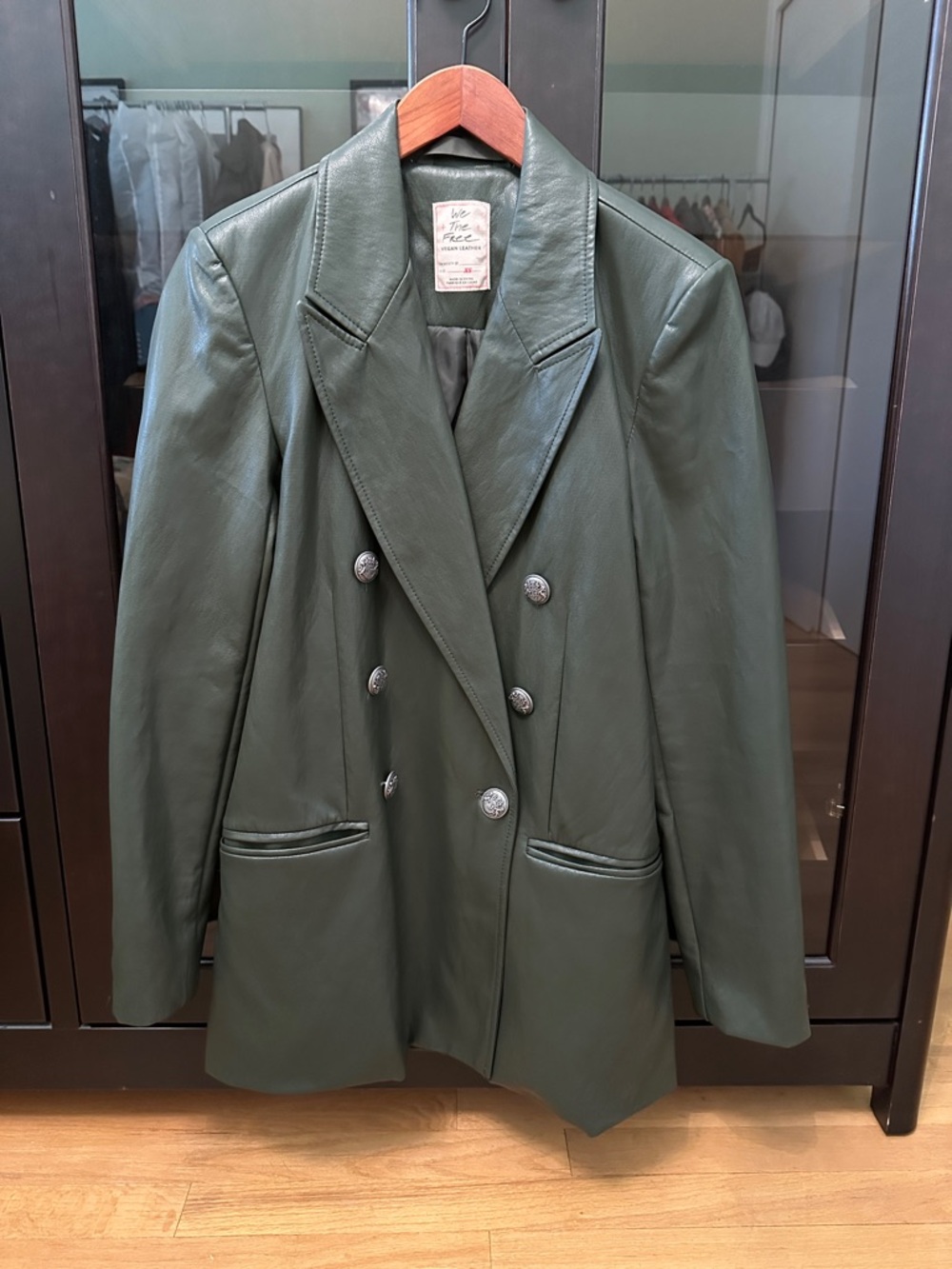 Free People Double-Breasted Forest Green Vegan Leather Blazer